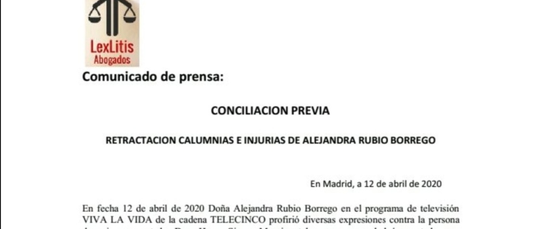 Comunicado oficial y razones de la querella a Alejandra Rubio por parte de Hugo Sierra
